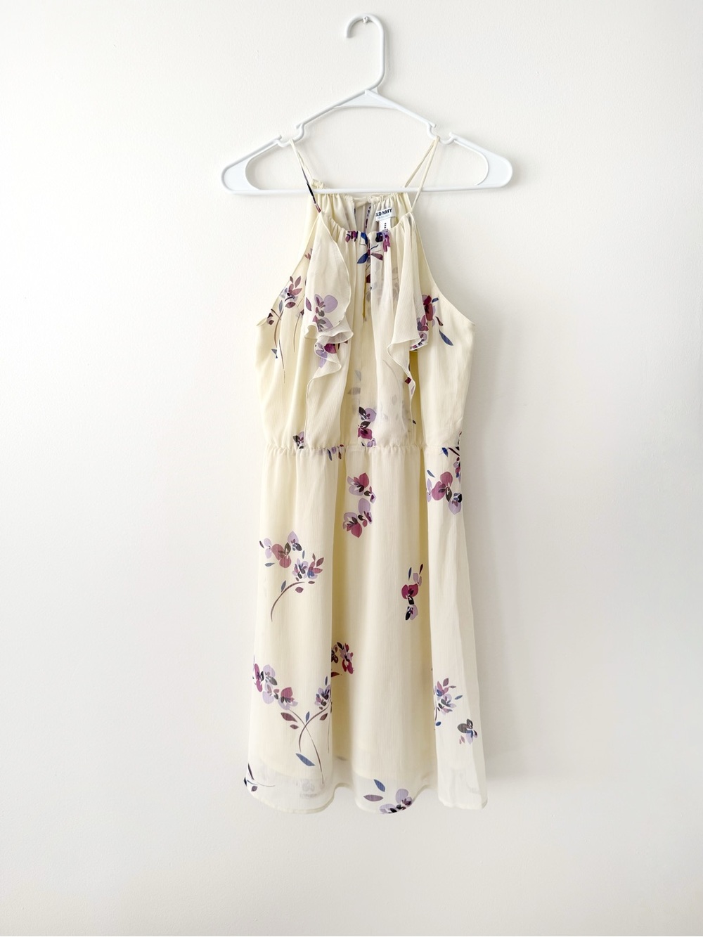 Old Navy Light Cream Halter Dress with Purple Floral Print Med NWT